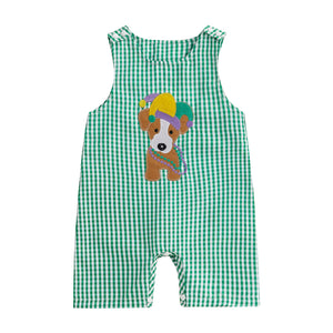 Lamuusaa Newborn Baby Girl Boy Mardi Gras Outfit Sleeveless Plaid Mardi Gras Dog Romper One Piece Bodysuit Jumpsuit (Green, 3-6 Months)