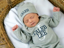 Load image into Gallery viewer, Customizable Newborn Baby Outfit Set Personalized Oatmeal Sleeper with Footies, Matching Hat, Embroidered Romper Ideal for Baby Shower Coming Home Christmas Gifts Unisex Design for Infant Boys (A)
