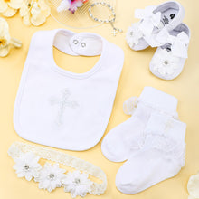 Load image into Gallery viewer, Bunnycool 5 Pcs Baptism Bib for Baby Girl white Christening Sock Shoes Headband Cross Charm Bracelet Baptism Outfits Gift(0-6 Month)
