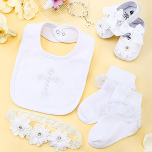 Bunnycool 5 Pcs Baptism Bib for Baby Girl white Christening Sock Shoes Headband Cross Charm Bracelet Baptism Outfits Gift(0-6 Month)