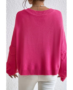 SELINK Women's Fuzzy Heart Sweater V Neck Pearl Drop Shoulder Casual Long Sleeve Valentines Sweaters Pullover Tops Pink-L