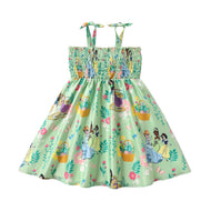 Disney Princess Toddler Girl Dress Character Print Bow Strap Floral Casual Summer Clothes Smocking Beach Holiday Girls Sundress Green