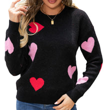 Load image into Gallery viewer, KMBANGI Women Heart Print Sweater Romantic Oversized Knitted Shirt Valentine&#39;s Day Love Graphic Long Sleeve Pullover Top(Love Black Hearts,L)
