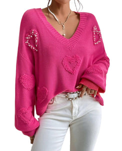 SELINK Women's Fuzzy Heart Sweater V Neck Pearl Drop Shoulder Casual Long Sleeve Valentines Sweaters Pullover Tops Pink-L