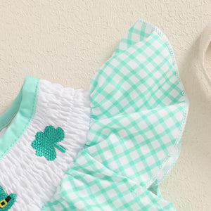 FIOMVA St Patricks Day Baby Girl Outfit Infant Smocked Bubble Romper Newborn Plaid Bodysuit Cute Toddler Summer Clothes (E Smocked Romper Plaid Green, 0-3 Months)