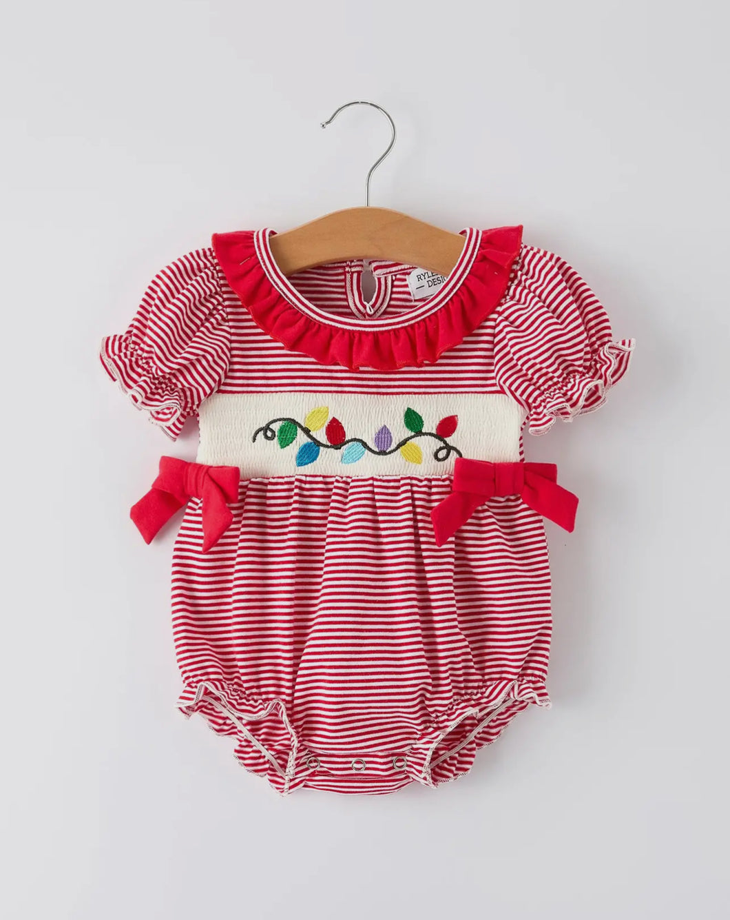 Holiday Baby Girls Romper with Embroidered Christmas Lights and Red Bow Details-Ships 10/10