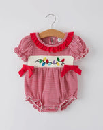 Holiday Baby Girls Romper with Embroidered Christmas Lights and Red Bow Details-Ships 10/10