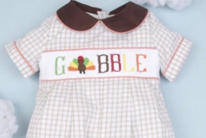 Turkey Hand Smocked Gobble Boy Long Bubble