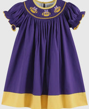 Load image into Gallery viewer, Preorder ETA 7/30-Purple and Gold Football Smocked Bishop Dress - Image #1
