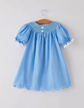 Load image into Gallery viewer, Blue Fall Thanksgiving&amp;Halloween
Pumpkin Smock Embroidery Lace Baby Girl Dress-Ships 10/15
