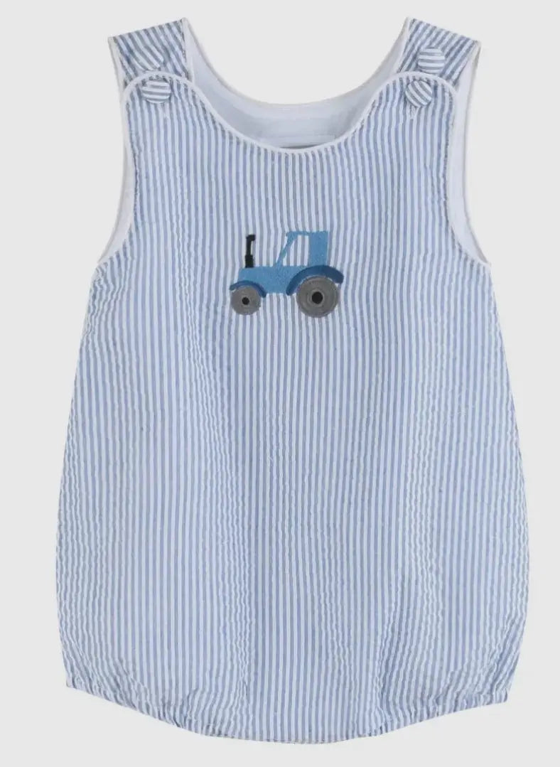 Dark Blue Tractor Seersucker Bubble
Romper - Image #1