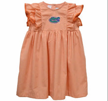 Load image into Gallery viewer, Florida Gators Embroidered
Orange Gingham Ruffle Dress - Image #1
