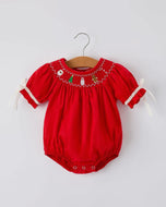 Christmas Gingerbread Embroidery Red Baby Girls Romper with Bow-Ships by 10/15