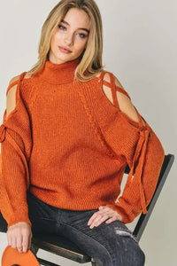 Solid Turtleneck Cutout Long Sleeve Sweater - Image #4