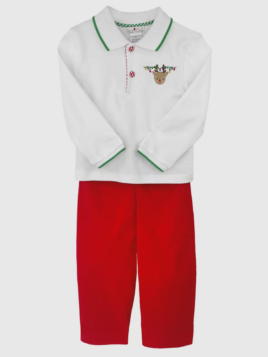 Reindeer Face Applique Top & Pant Set