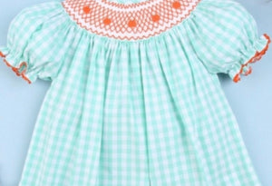 Smocked Dress with Embroidered Pumpkin and Geometric Pattern