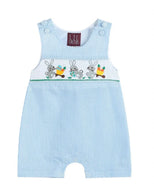 Blue Striped Seer sucker Bunnies Romper - Image #1