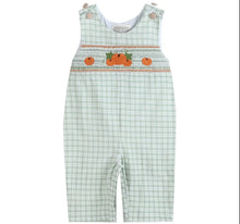 Load image into Gallery viewer, Sage Green Plaid Pumpkin Smocked Overalls- Size Chart attached with pictures - Image #1
