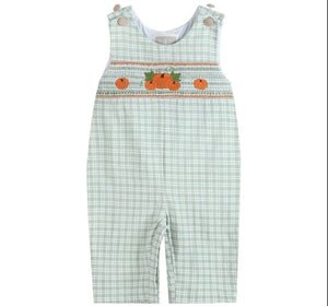 Sage Green Plaid Pumpkin Smocked Overalls- Size Chart attached with pictures - Image #1