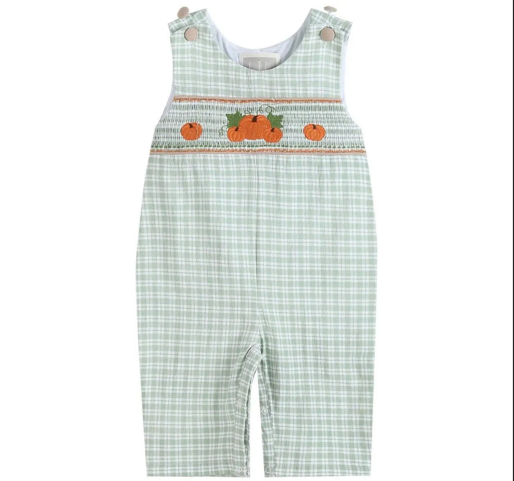 Sage Green Plaid Pumpkin Smocked Overalls- Size Chart attached with pictures - Image #1