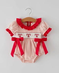 Christmas Candy Cane Smocking Embroidery Striped Baby Girls Romper-Ships 10/5