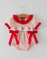 Christmas Candy Cane Smocking Embroidery Striped Baby Girls Romper-Ships 10/5