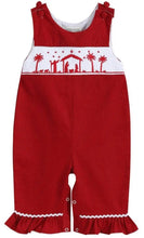 Load image into Gallery viewer, Red Nativity Smocked Ruffle Cuff Baby Jumper Overalls - Image #1
