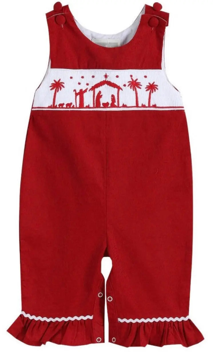 Red Nativity Smocked Ruffle Cuff Baby Jumper Overalls - Image #1