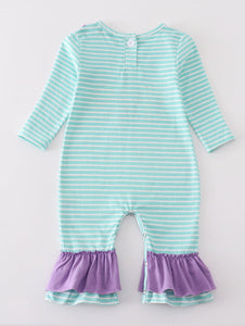 Green stripe princess embroidery girl romper