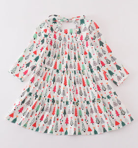 Green christmas tree print girl dress