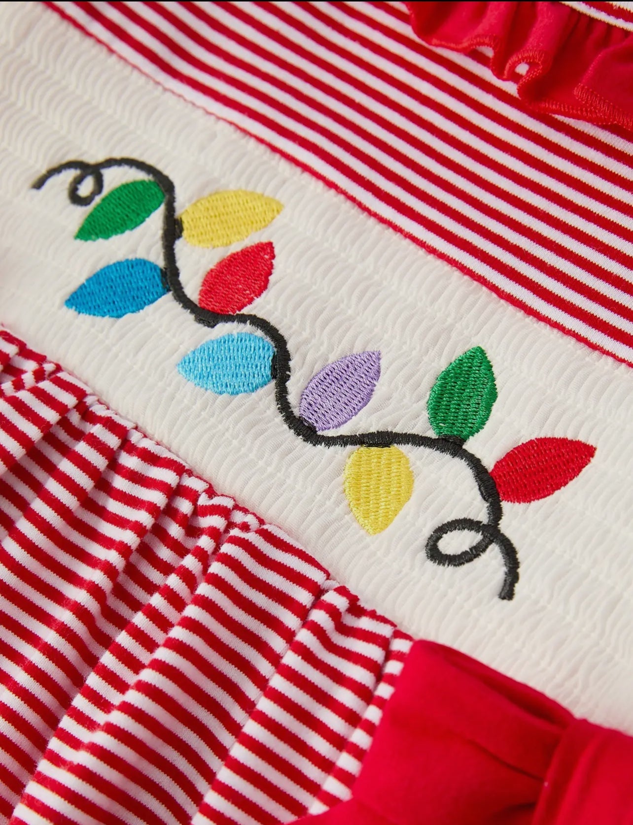 Holiday Girls Dress with Embroidered Christmas Lights and Red Bow Details - Abbies Place