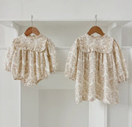 Toddler Girl Vintage Khaki Floral Outfit Long Sleeve Dress and Romper-Ships 10/30