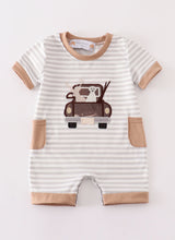 Load image into Gallery viewer, Brown stripe car hunting boy romper
