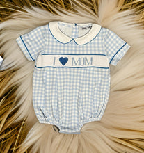 Load image into Gallery viewer, I Love Mom Light Blue Gingham Hand Smocked Boy Bubble
