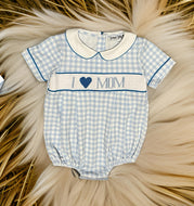 I Love Mom Light Blue Gingham Hand Smocked Boy Bubble