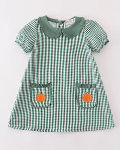 Green gingham pumpkin embroidery dress