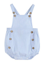 Load image into Gallery viewer, Light Blue Pinstripe Wooden Button Romper - Image #1
