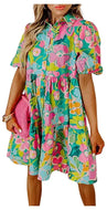 Women Floral Puff Sleeve Buttoned Babydoll Dress - Image #1