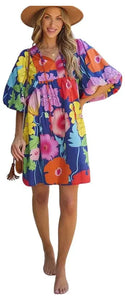 Women Floral Print Split Neck Babydoll Dress - Image #1