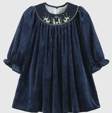 Load image into Gallery viewer, Preorder ETA 8/15-9/15-Navy Blue Velvet Gold Nativity Smocked Bishop Dress - Image #1
