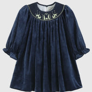 Preorder ETA 8/15-9/15-Navy Blue Velvet Gold Nativity Smocked Bishop Dress - Image #1