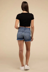 Mid Rise Raw Frayed Hem Denim Shorts - Image #7