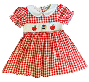 Back To School Crayons And Apples Hand Smocked Gingham Girls Dress - Image #1