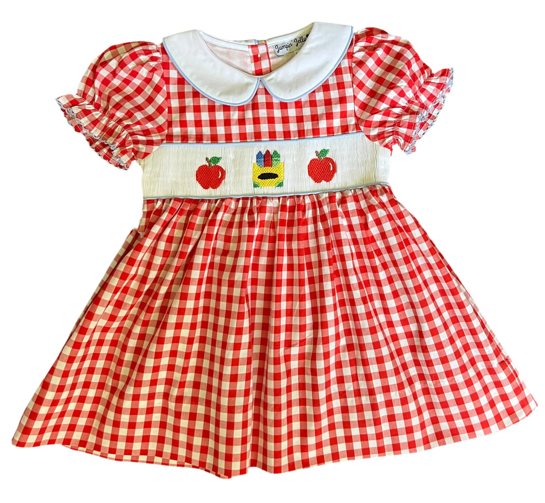 Back To School Crayons And Apples Hand Smocked Gingham Girls Dress - Image #1