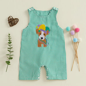 Lamuusaa Newborn Baby Girl Boy Mardi Gras Outfit Sleeveless Plaid Mardi Gras Dog Romper One Piece Bodysuit Jumpsuit (Green, 3-6 Months)