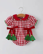 Baby Girls Christmas Outfit - Red Plaid Romper with Tree Bow Accents