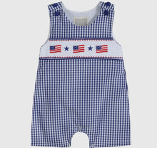 Load image into Gallery viewer, Royal Blue Gingham American Flag Smocked Shortalls - Image #1
