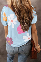 Load image into Gallery viewer, Woemn Pink Flower Print Bubble Sleeve Tee - Image #1
