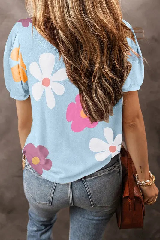 Woemn Pink Flower Print Bubble Sleeve Tee - Image #1