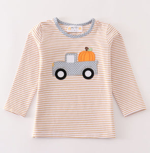 Beige stripe truck pumpkin applique top